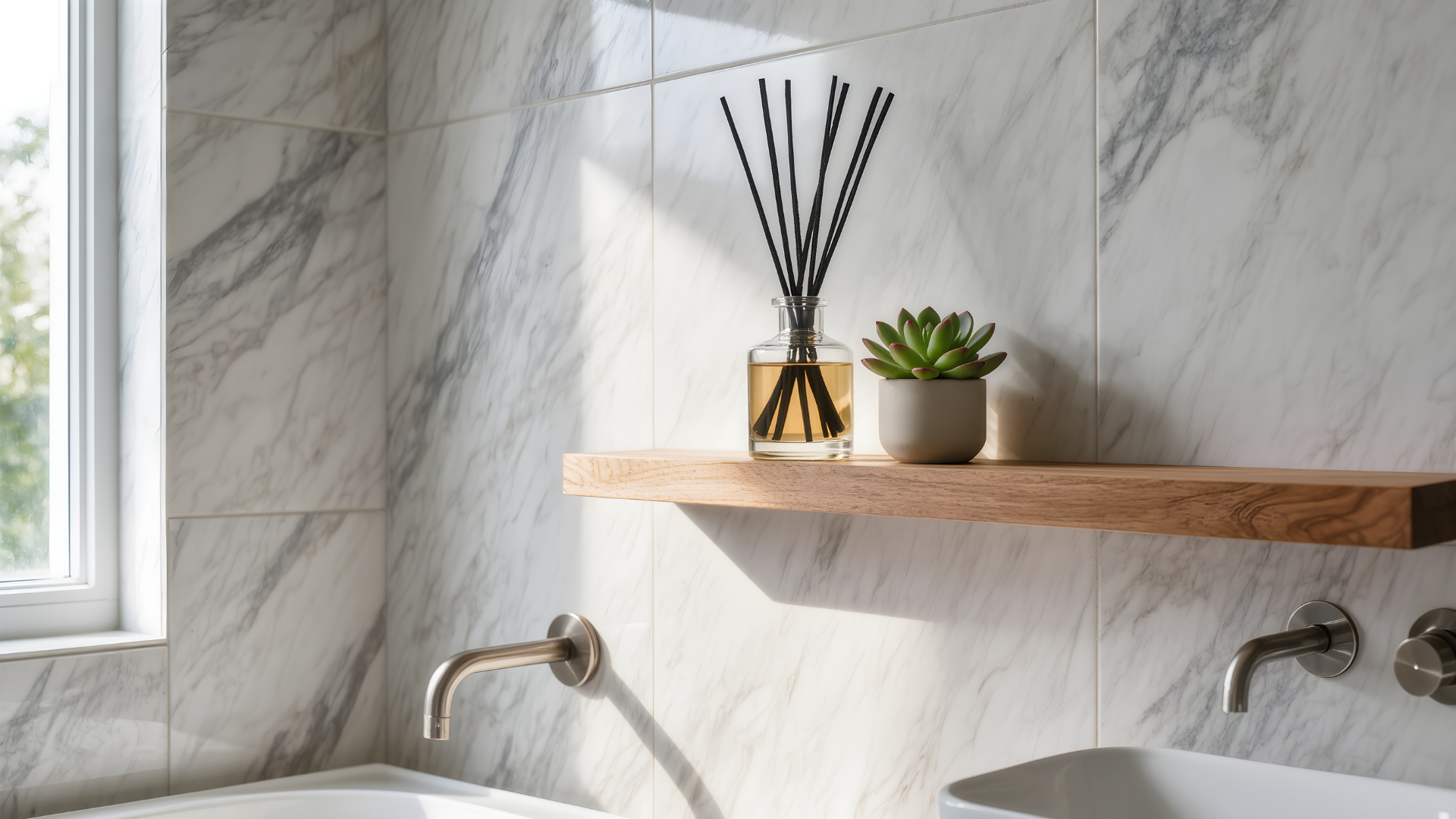 Elegante duftpinde i glasflaske til badev&aelig;relse og stue