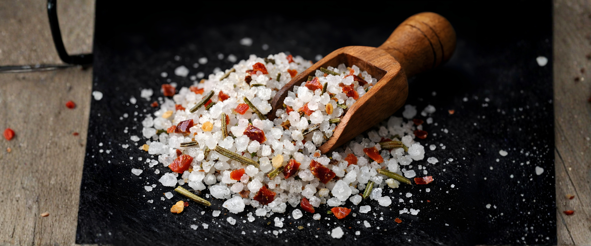 N&aelig;rbillede af groft salt med urter og krydderier