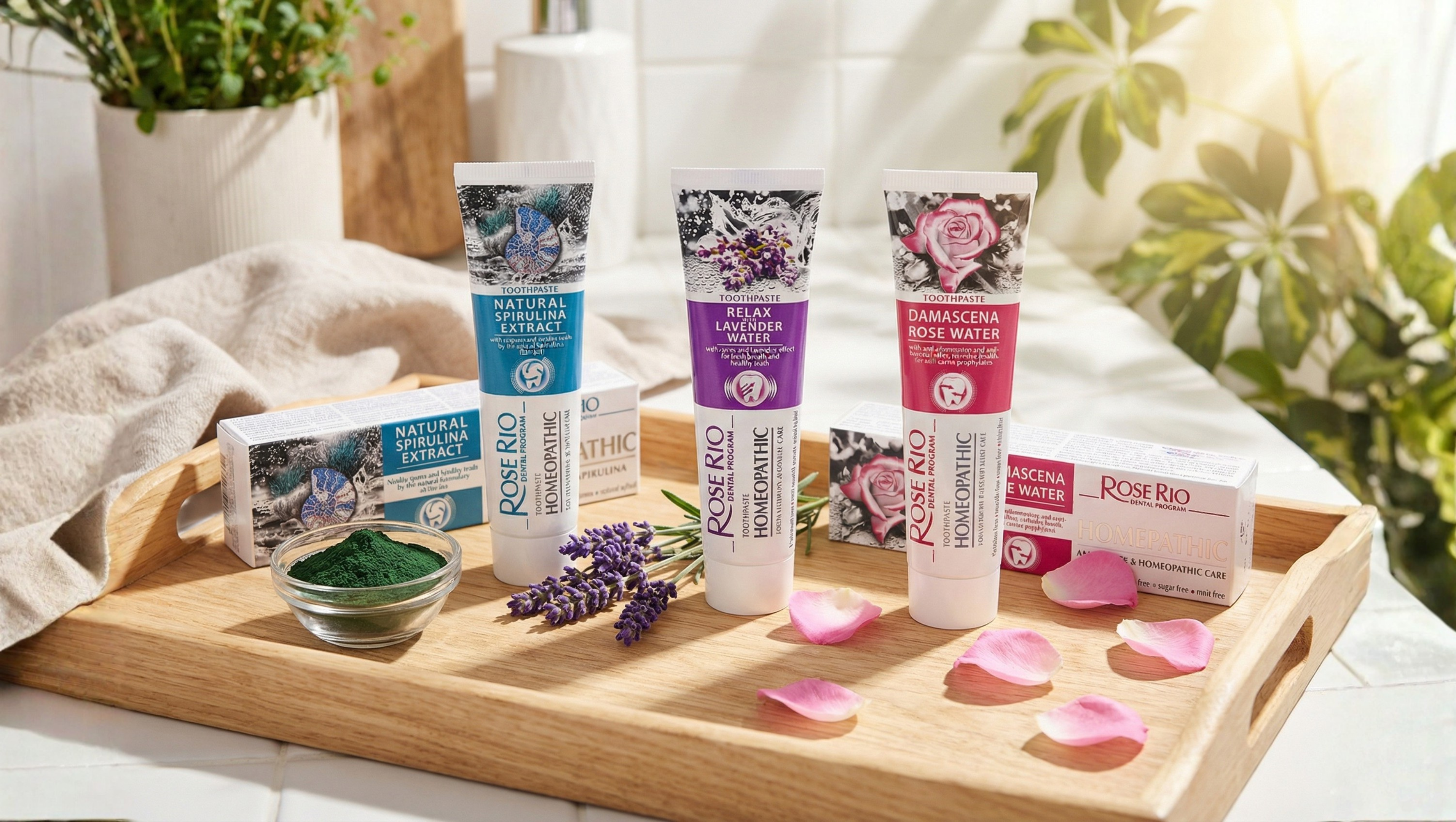 Rose Rio homøopatisk mundpleje kollektion med rosenvand, lavendel og spirulina i et naturligt og lyst miljø.