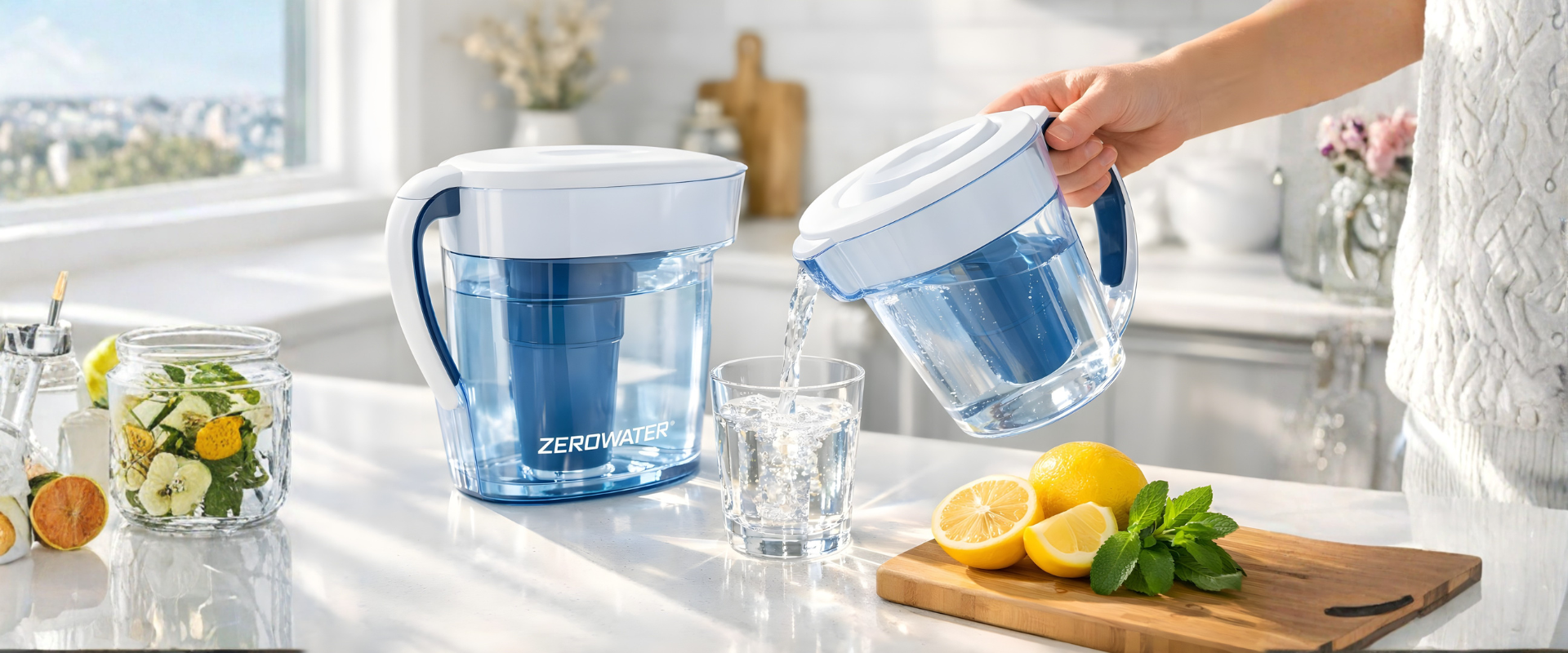 ZeroWater vandfilterkande i køkken med krystalklart vand
